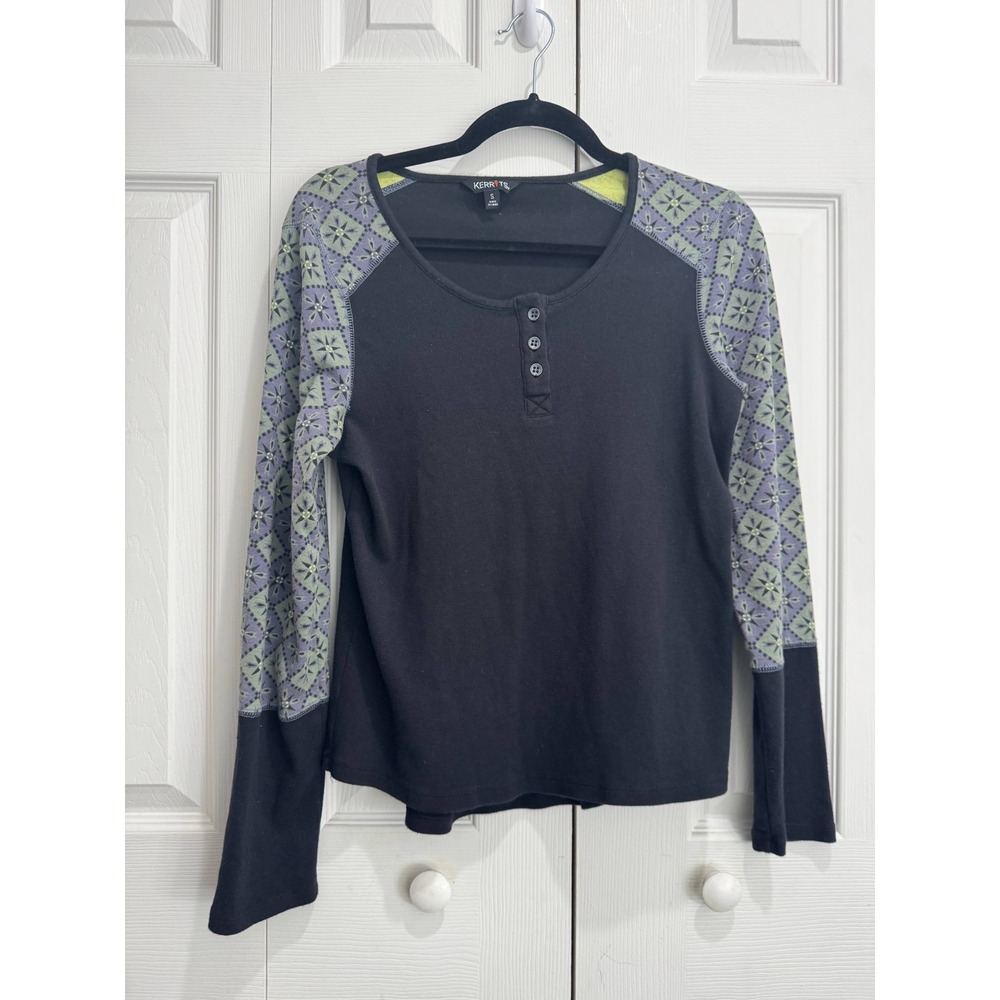 Kerrits Long Sleeve Top Women's Small Black Pullover Henley Button 100% Cotton